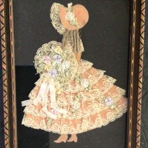 Vintage, Small Peach, Lace Tiered Dress & Cap with Ribbon Rosette Bouquet